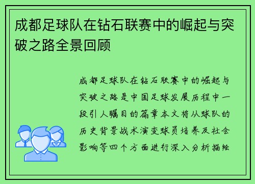 成都足球队在钻石联赛中的崛起与突破之路全景回顾